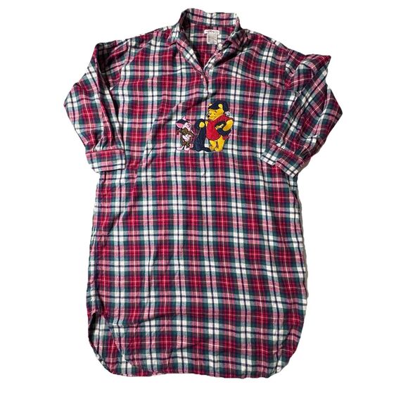 Vtg Disney Store Nightgown Womens Size OW Pooh Piglet Flannel Plaid White Red - Picture 2 of 10